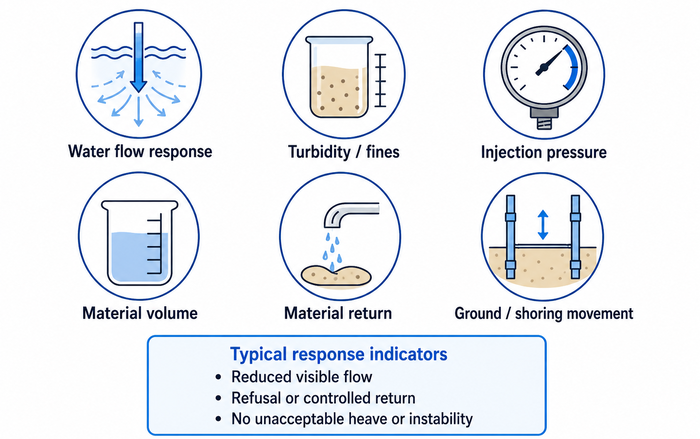 Typical monitoring and quality-control checks during localised seepage treatment.