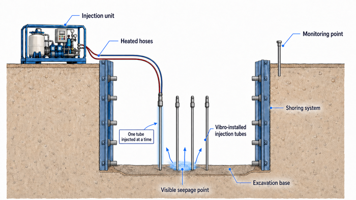Typical site setup for localized water sealing at a deep excavation base using Geobear's water seepage solution.