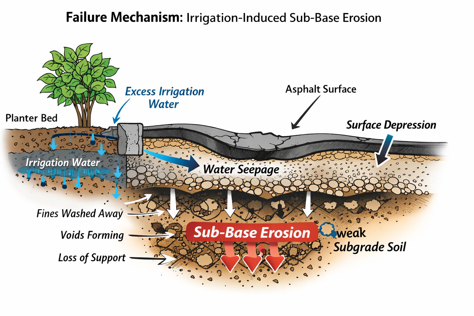Diagram showing irrigation caused sub-base erosion as a cross-section view