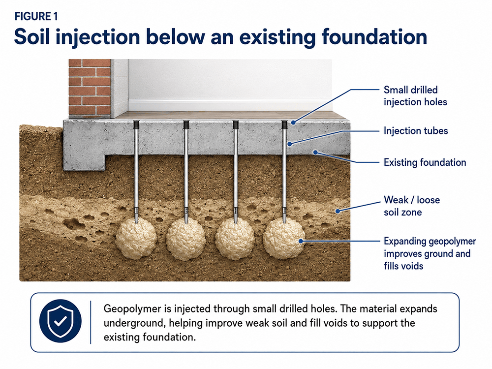 Cross-section graphic of soil injections into weak soil through a building foundation