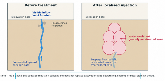 Water-sealing mechanism: conceptual before and after localised geopolymer injection.