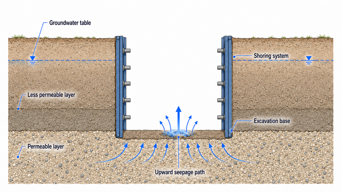 Cross-section showing groundwater rising through a permeable layer into the base of a deep excavation.
