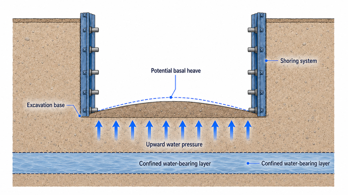 Diagram showing upward water pressure lifting the base of a deep excavation.