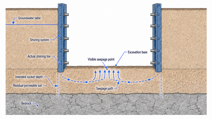 Diagram showing seepage bypassing beneath a shoring wall that is not socketed fully into bedrock.