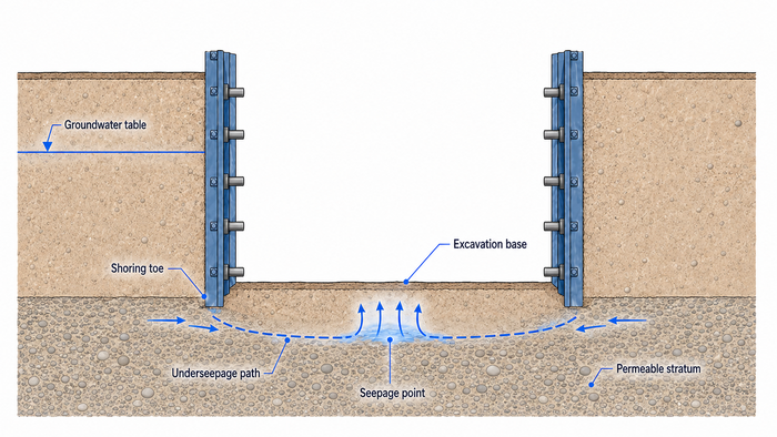 Cross-section showing groundwater bypassing beneath the retaining wall and entering the excavation base.