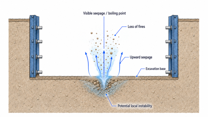 Diagram showing upward seepage carrying fines and causing local instability at a deep excavation base.