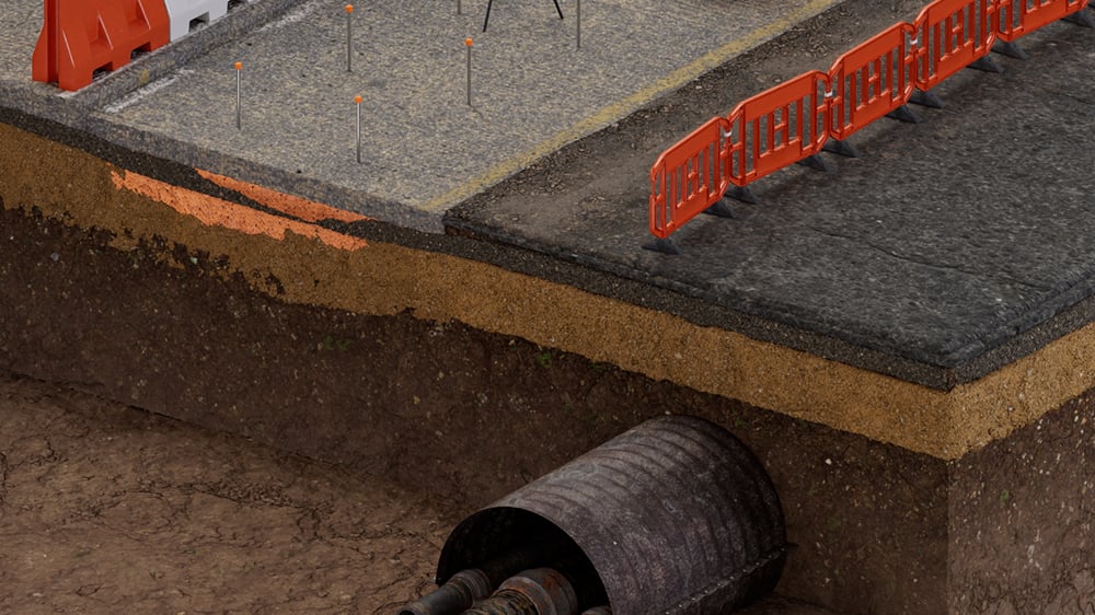 Illustration cross-section of roadway with geopolymer filled voids