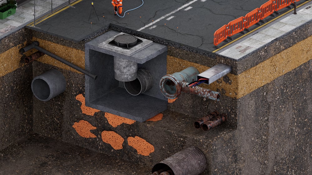 Illustration of geopolymer installation under public utilities