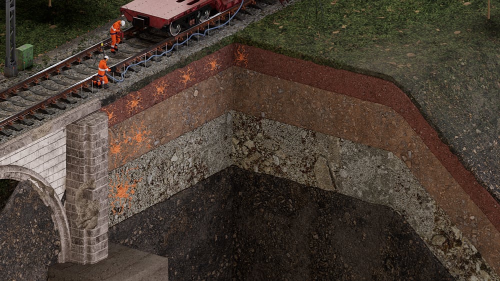 Illustration of geopolymer installation along rail transition zone