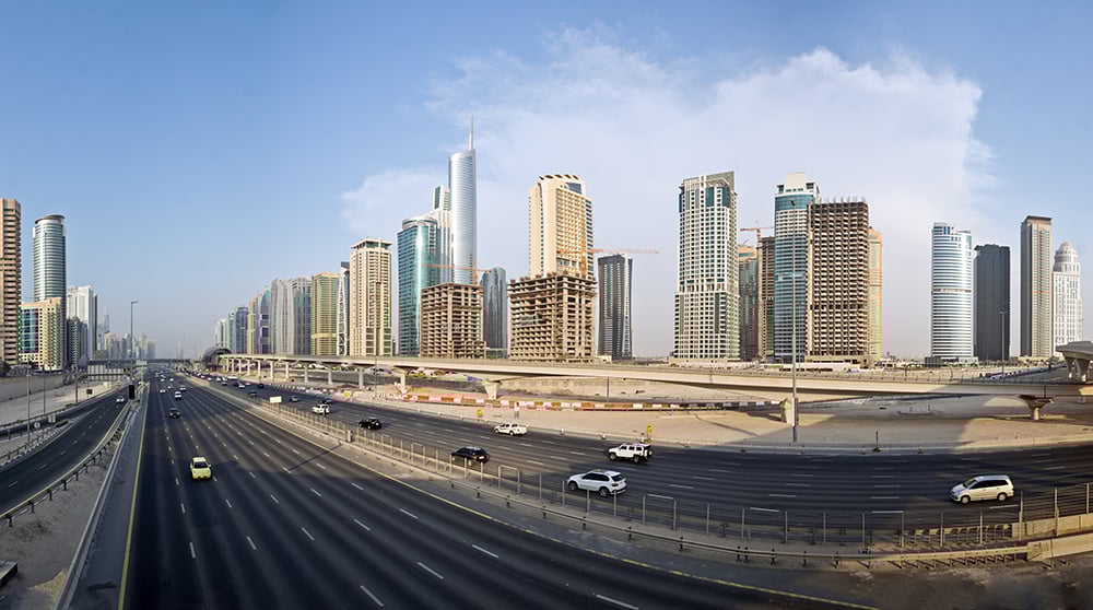 Panoramic view of Sheikh Zayed Road on a sunny day