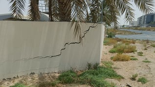 Boundary wall with ground settlement diagonal cracking
