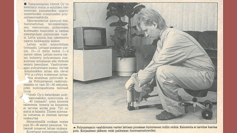 1980s newspaper clipping showing a Geobear tech injecting in an office