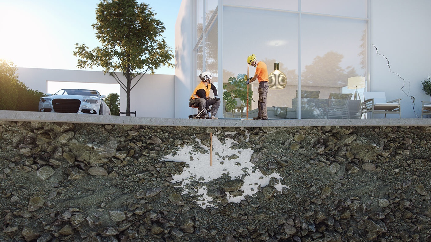 Ilustracja Technicy Geobear iniektują pod fundamentami sklepu meblowego