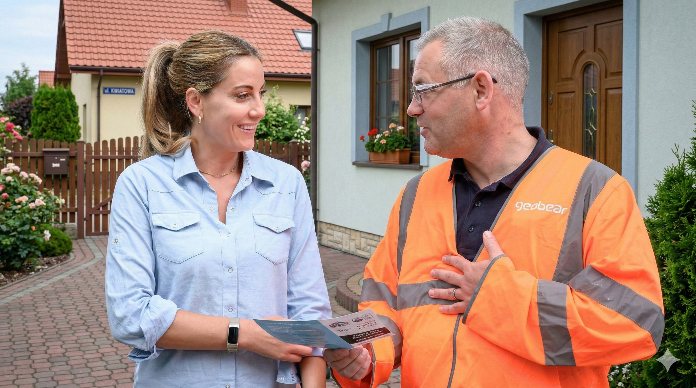 Technik z klientem przed domem