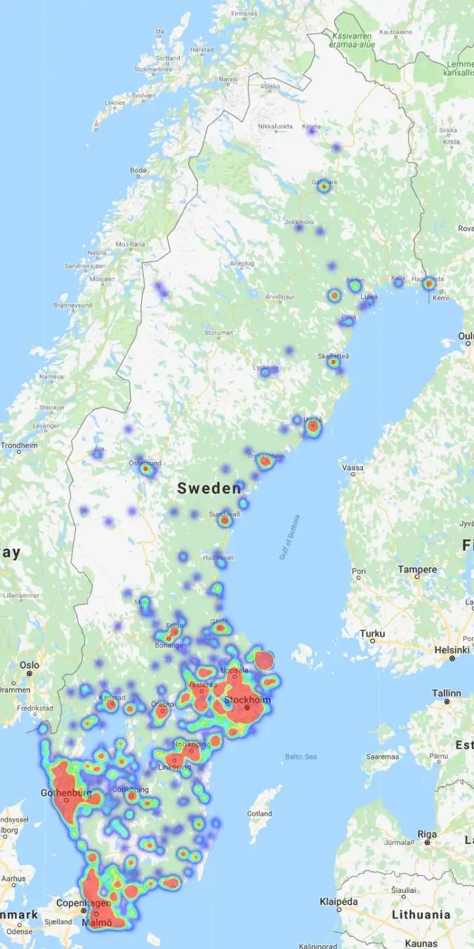 En karta över områden med sättningar i Sverige som tydligt visar vilka områden som är mest drabbade.