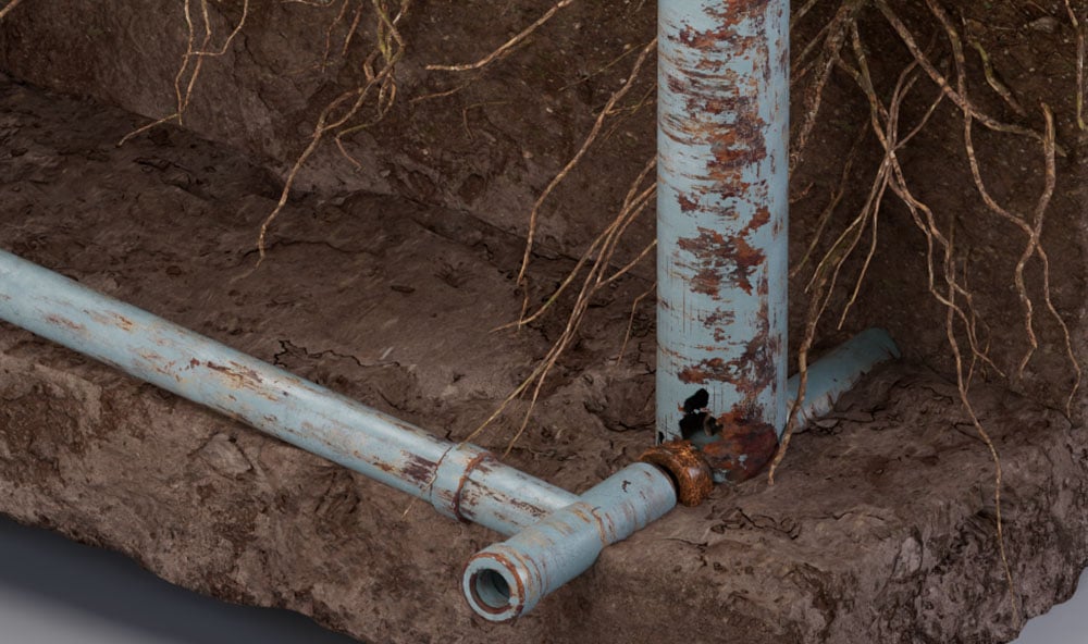 3D bild på läckande avlopp i marken och trädrötter som orsakat sättningar i hus.