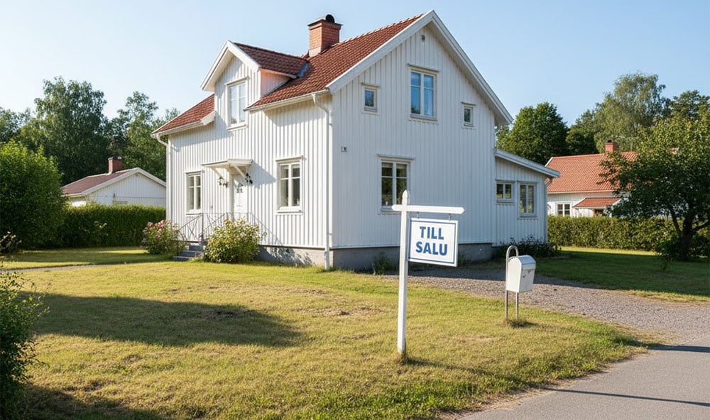 En bild på en vit trävilla med en till salu skylt på gräsmattan i soligt väder.