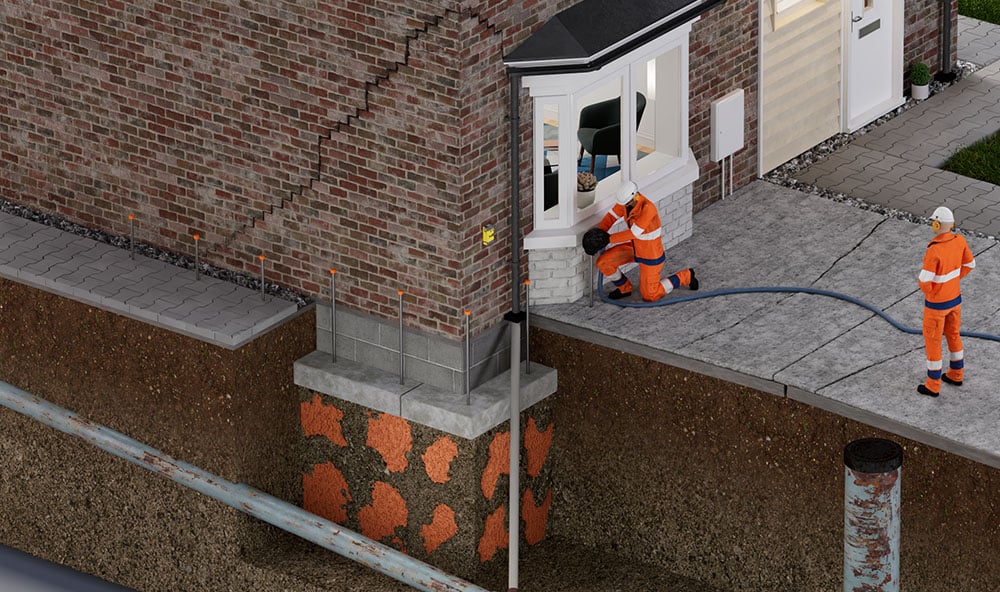 3D bild på hur Geobear injekterar geopolymer under en fristående villa med sättningsskador.