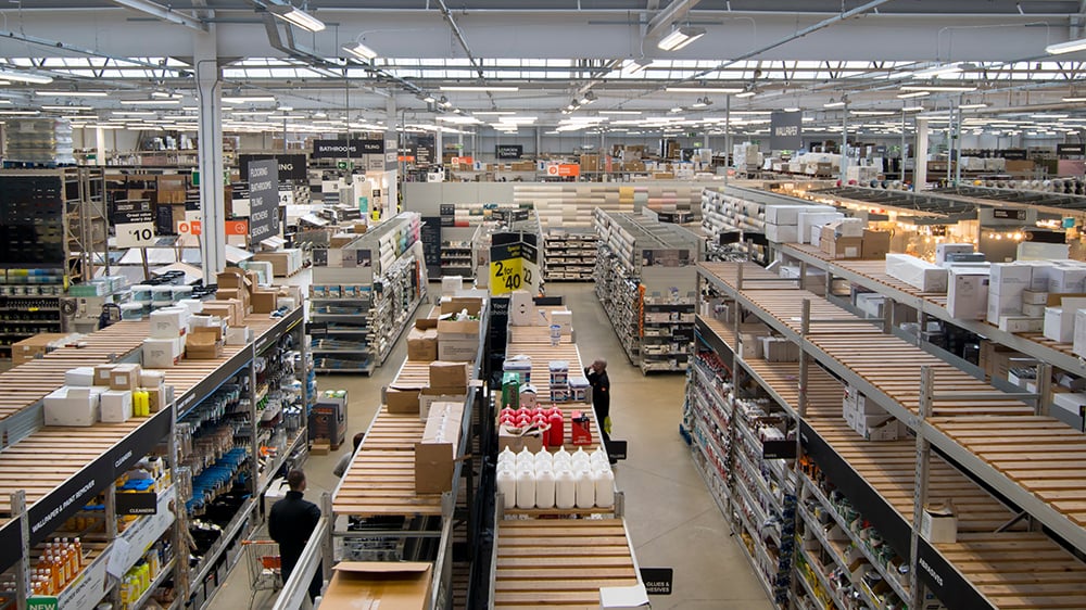 Overlooking a retail store shelves from an elevated viewpoint.