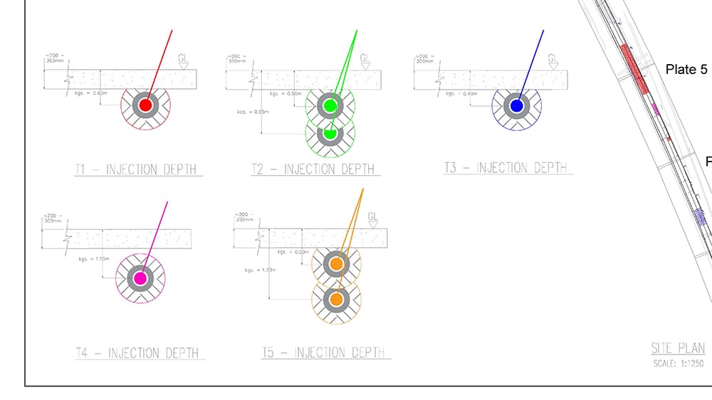 Close up view of resin injection line drawing plan with color coded plans