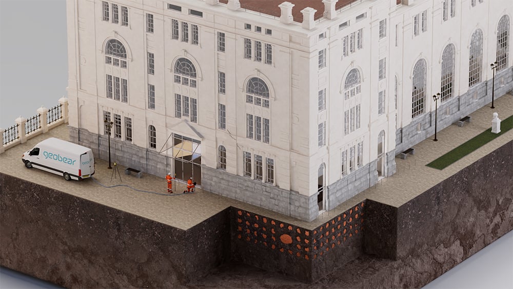 3D render of historic building with foundation exposed showing where injection bulbs are and Geobear techs at work