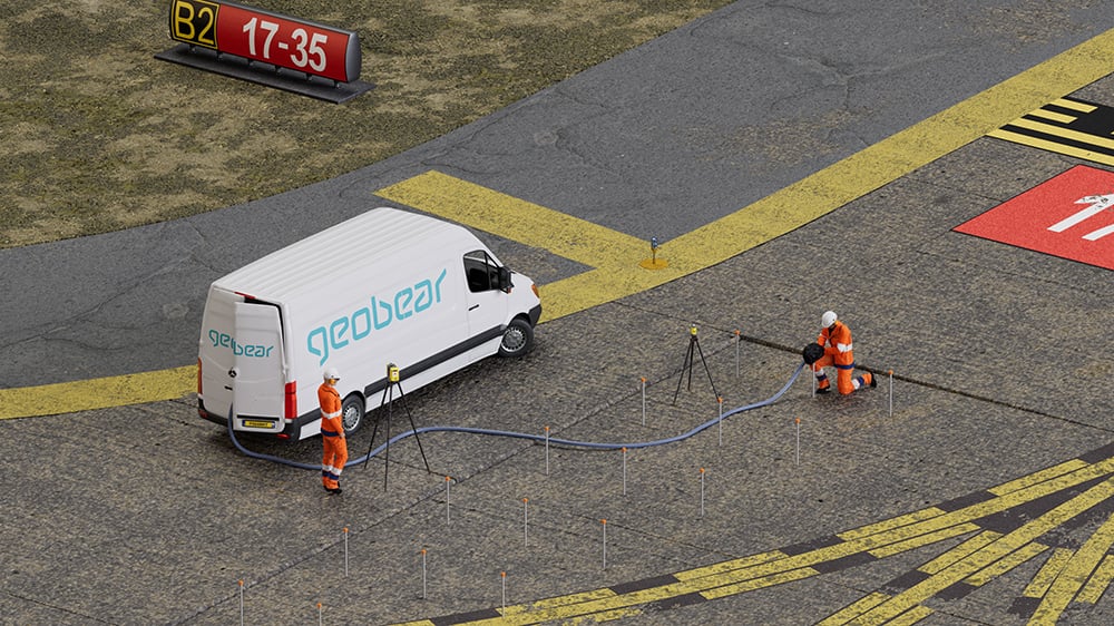 3d illustration of airport runway apron with geobear techs on site