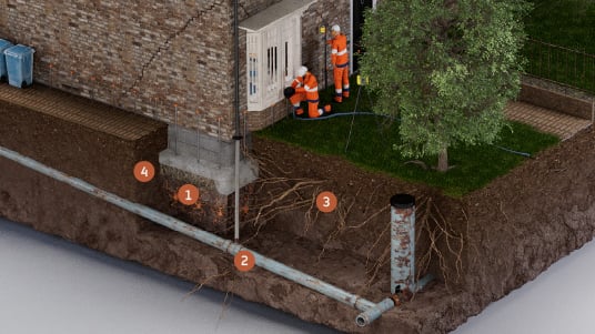 3D illustration of a home with subsidence being treated. Drains and tree roots are shown as well as injection bulbs into clay soil