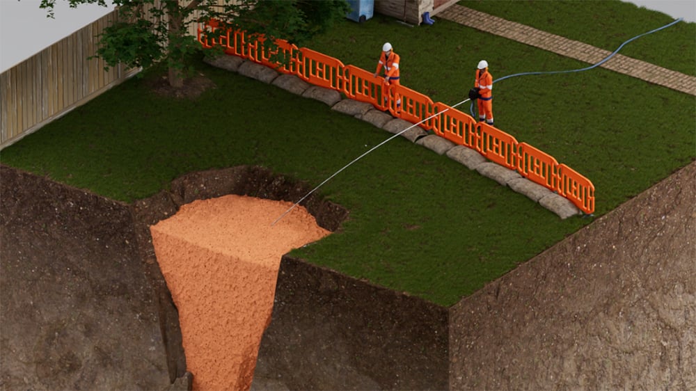 3D illustration of a sinkhole in a yard being filled with geopolymer.