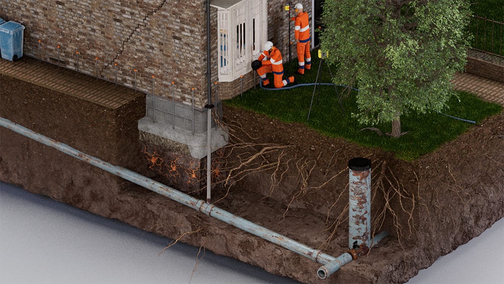 3D illustration of Geobear's clay treatment showing injection points, exposed residential home foundation, and clay soil with tree roots.