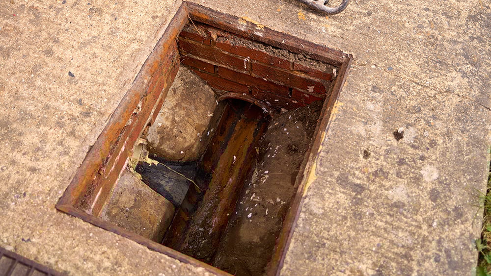 A view of a concrete slab into an exposed residential waste water drain