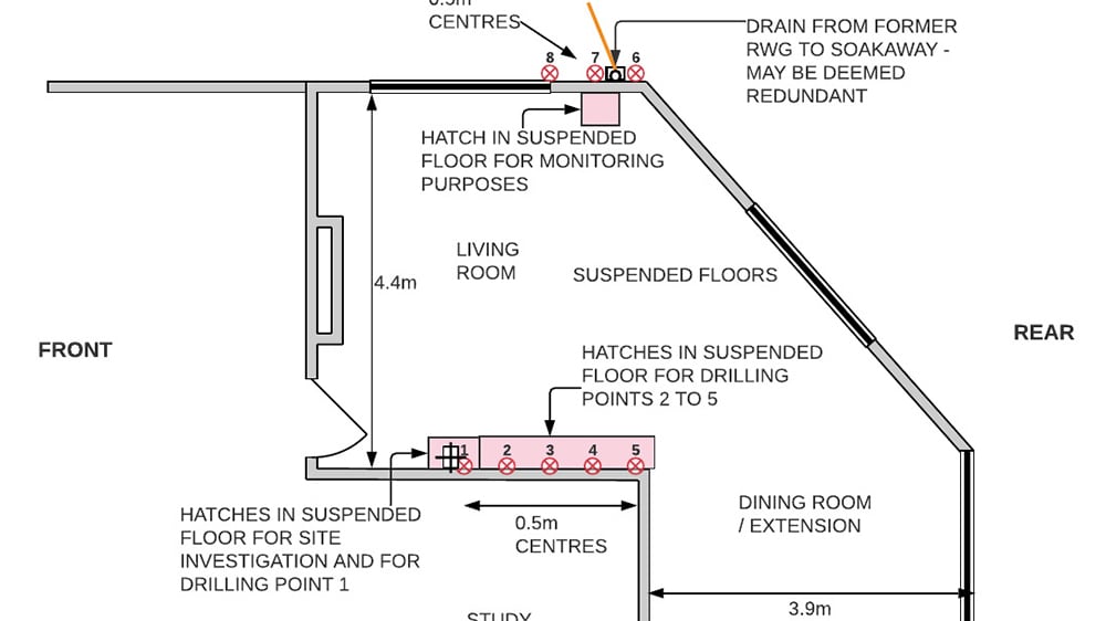 A technical drawing of a residential home geotechnical site investigation showing treatment details